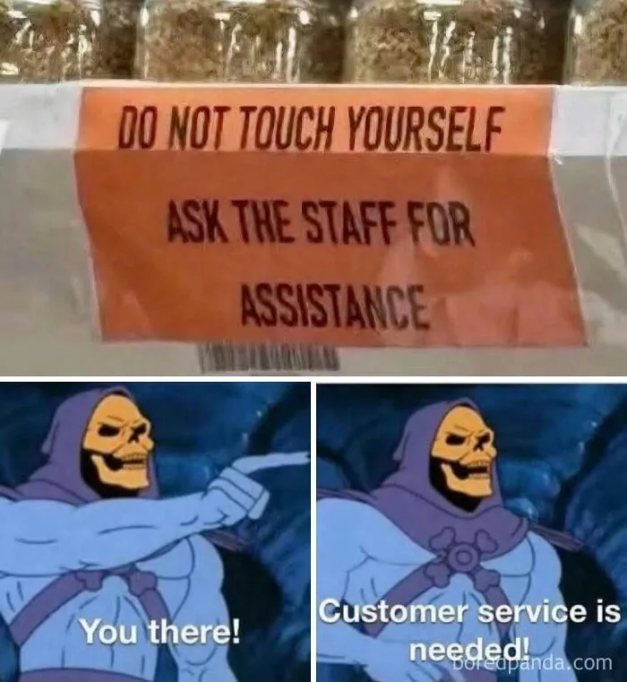 Funny memes featuring Skeletor calling for customer service help next to an awkwardly phrased store sign.
