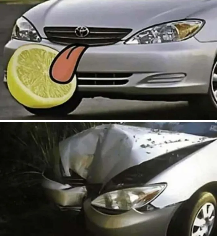 Car licking a sour lemon and immediately crashing in funny memes.