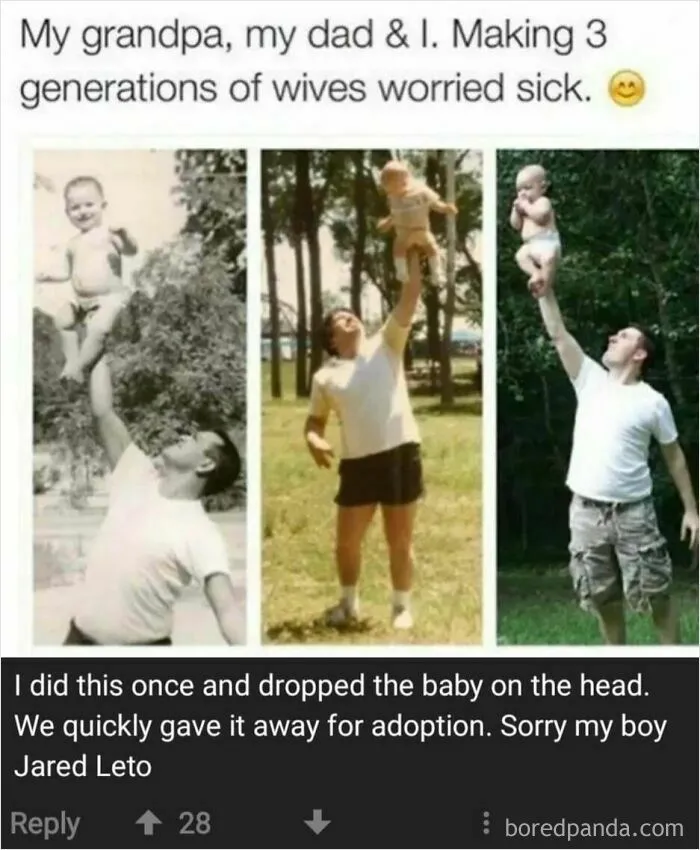 Three generations of fathers lifting babies with one arm in funny memes about parenting.