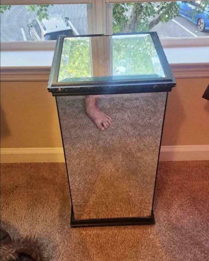 Funny mirror pic of a mirrored display case showing a bare foot in its reflection on a carpeted floor.