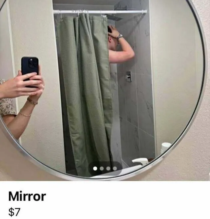 Funny mirror pics showing a reflection of someone taking a photo near a shower.