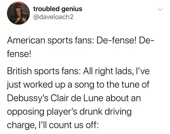 Tweet comparison highlighting the difference between American and British sports fans, showing British memes humor