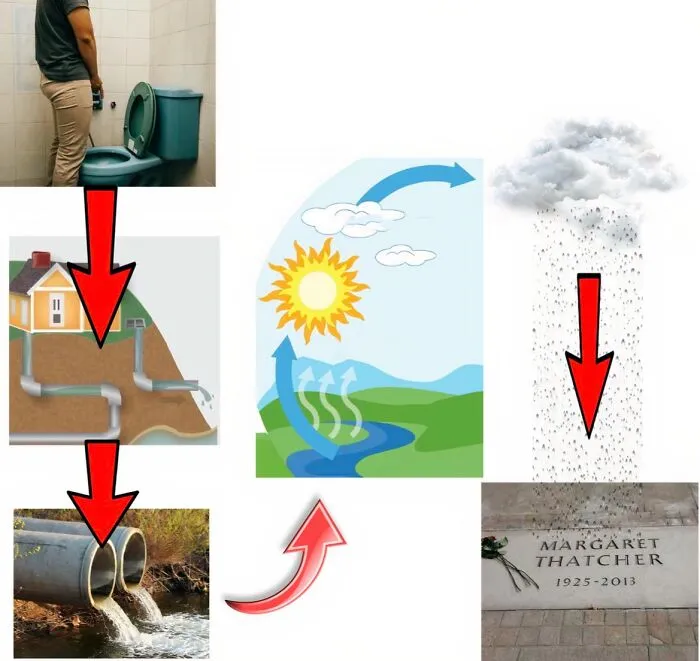 A satirical diagram showing the water cycle of rain falling on Margaret Thatcher's grave