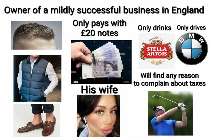 Starter pack meme depicting the stereotype of a mildly successful business owner in England, hilarious British memes