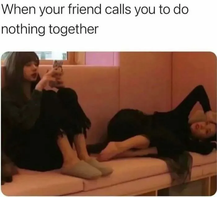 A funny friendship meme showing two friends lounging together doing nothing