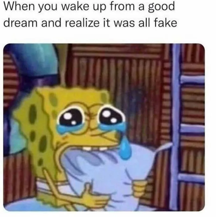 Sad SpongeBob memes crying and biting a pillow after waking up