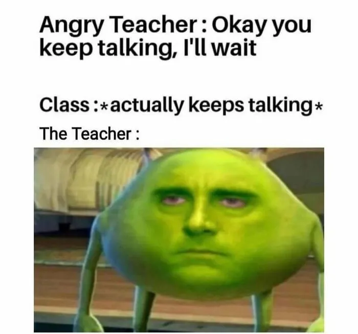 A disappointed green cartoon face in a hilarious post from a series of random memes