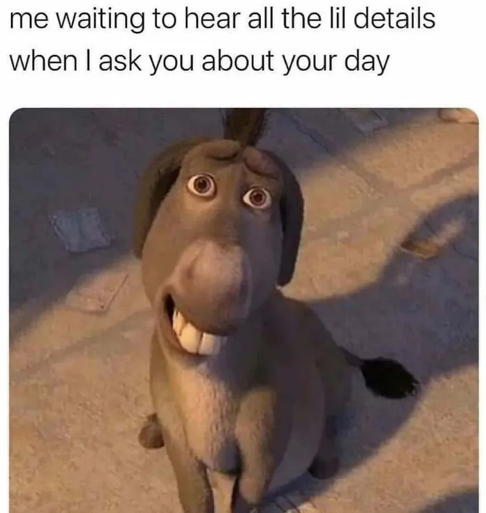 The donkey from Shrek smiling expectantly, used in random memes about waiting to hear all the details of your day