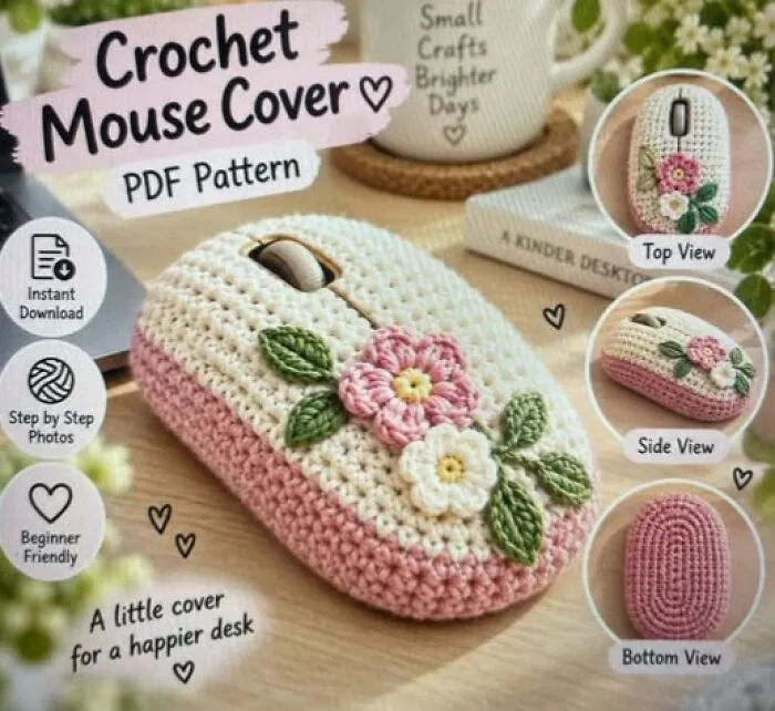 A crochet mouse cover with pink and white flowers on a desk as a hilarious crafts idea