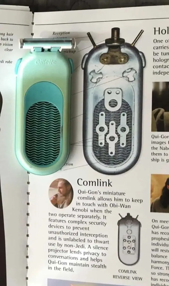 Star Wars Qui-Gon Jinn comlink prop shown next to a Gillete razor handle used in movie props.