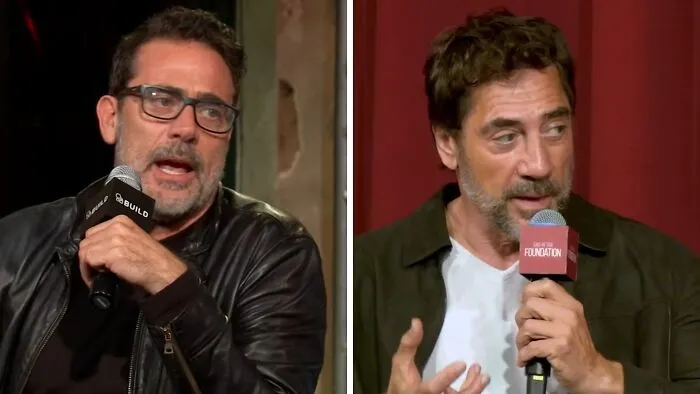 Side-by-side comparison of celebrity lookalikes Jeffrey Dean Morgan and Javier Bardem speaking into microphones.