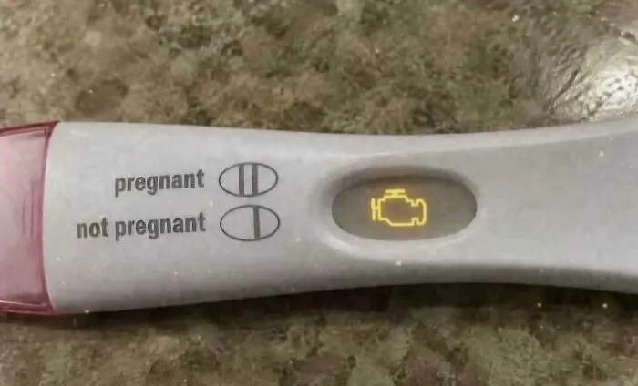 Funny memes of a pregnancy test showing a lit-up yellow check engine light icon.