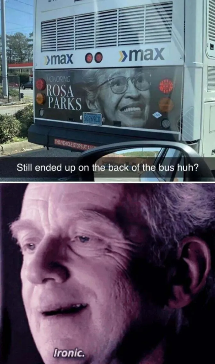 Funny memes showcasing a bus with Rosa Parks on the back and a reaction image below.