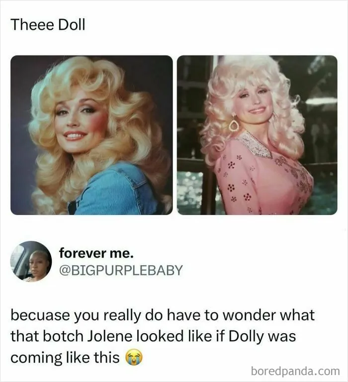 Dolly Parton looking stunning in retro pictures, discussed in pop culture news memes.