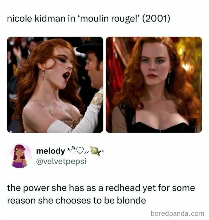 Pop culture news discussion about Nicole Kidman with red hair in Moulin Rouge