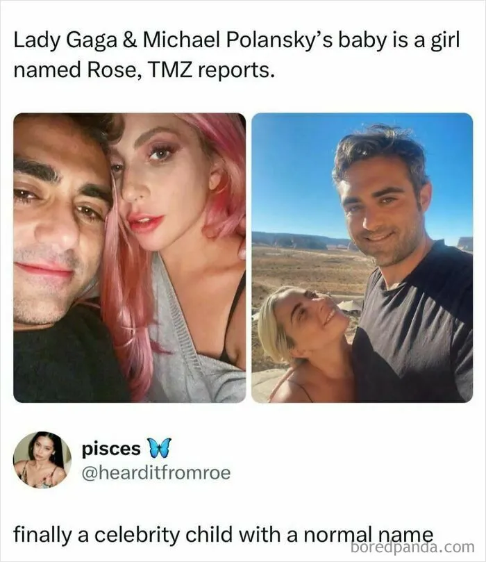 A tweet about Lady Gaga and Michael Polansky, capturing a viral moment in pop culture news.
