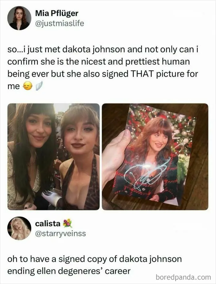 A social media post detailing a fan meeting Dakota Johnson, relevant to pop culture news.
