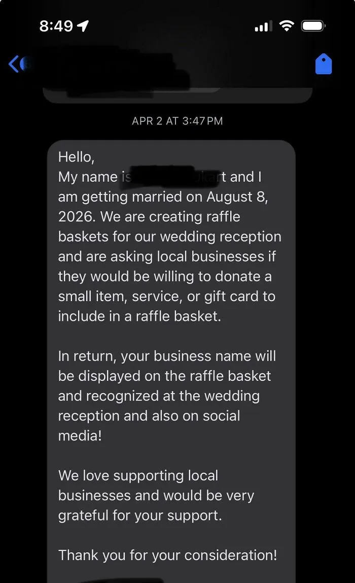 Text message showing a questionable wedding moment of someone asking local businesses for free raffle donations