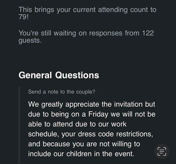 A text screenshot about a guest declining due to questionable wedding moments
