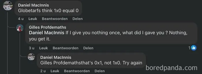 Social media comments showing someone confidently corrected with wrong math about multiplying by zero.
