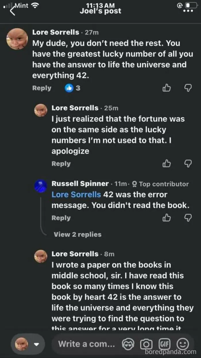 A thread about the number forty-two, showing people who corrected someone with total confidence