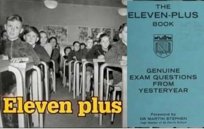 Black and white 70s classroom with eleven plus exam book cover