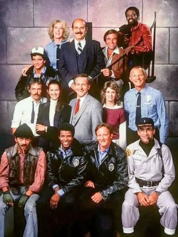 Classic 1970s TV show cast group photo with vintage style clothing