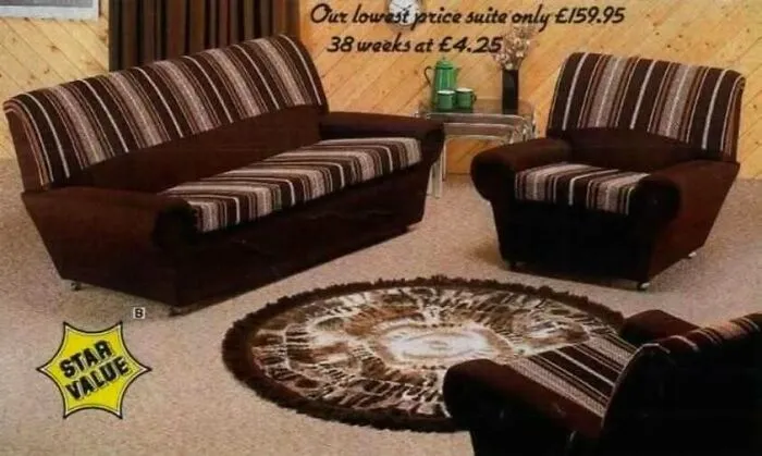 1970s striped brown sofa set with round patterned rug in living room