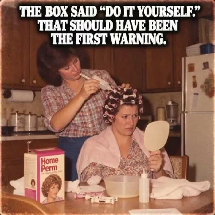 1970s woman helping another with home perm hair treatment at kitchen table