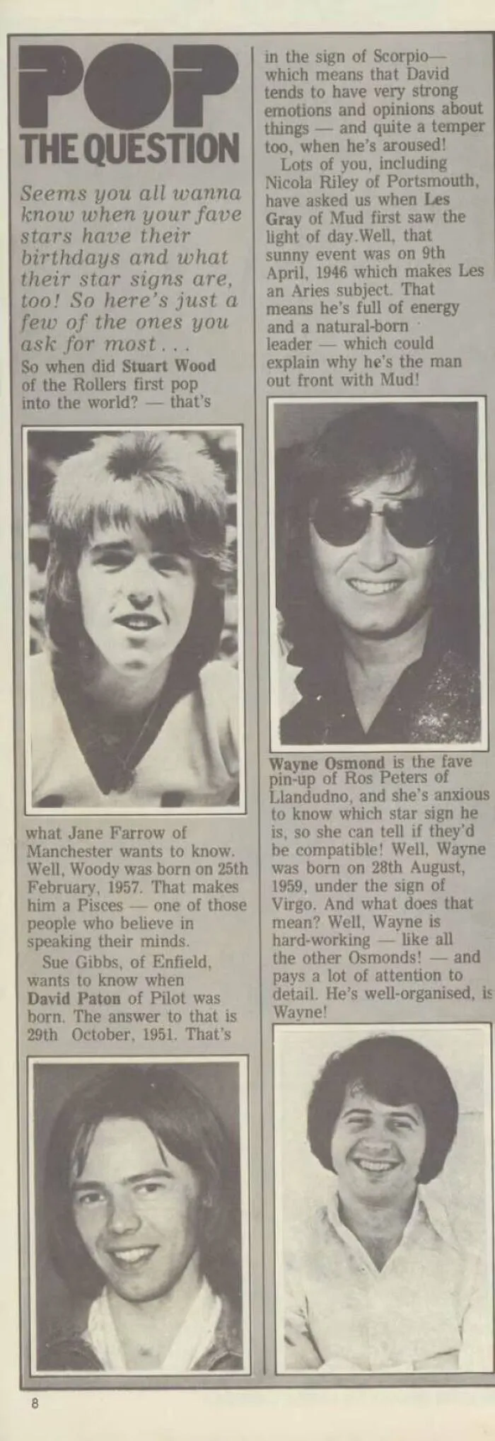 Vintage 1970s magazine page featuring pop stars and their birthdays with black and white portraits