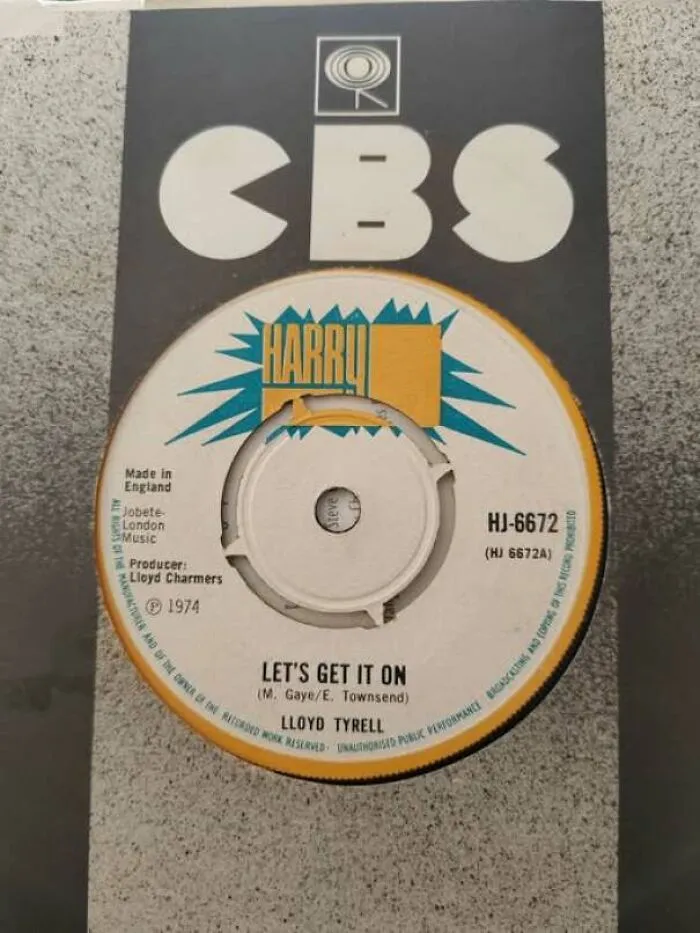Close-up of 1970s vinyl record single with CBS label and song title Let’s Get It On
