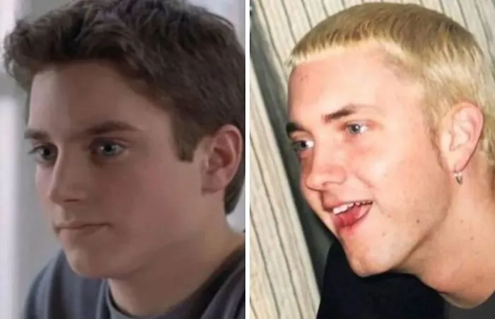 Celebrity lookalikes side-by-side photo comparison of Elijah Wood and Eminem