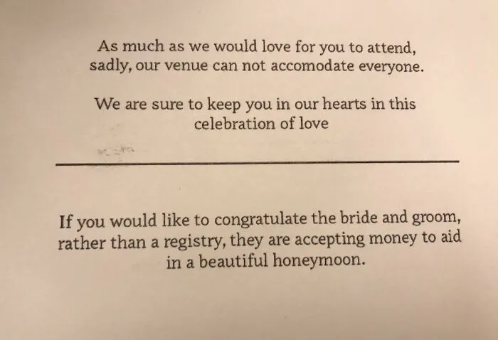 An uninvitation card asking for honeymoon money, showcasing questionable wedding moments