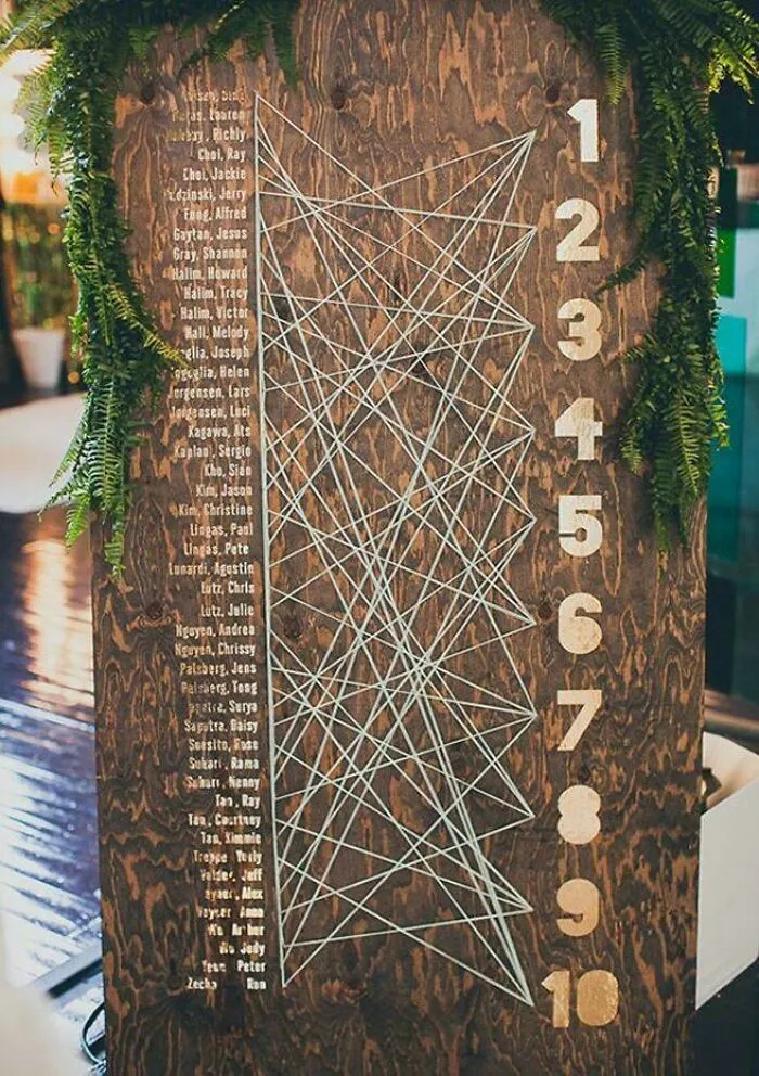 A confusing string art seating chart causing questionable wedding moments
