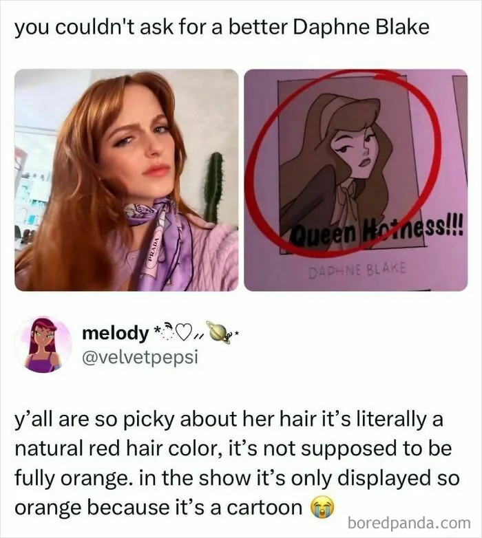 Pop culture news meme comparing a real person to Daphne Blake with discussion of hair color.