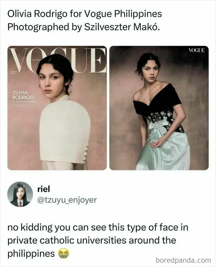 Social media post comparing Olivia Rodrigo Vogue cover to students, capturing the latest pop culture news.