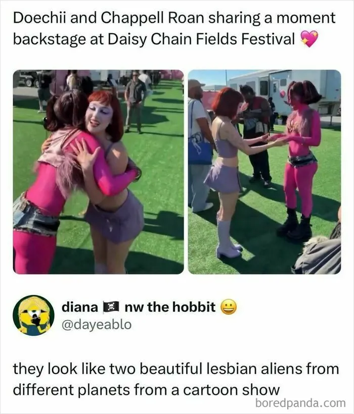 Doechii and Chappell Roan sharing a moment backstage, popular in pop culture news discussions.
