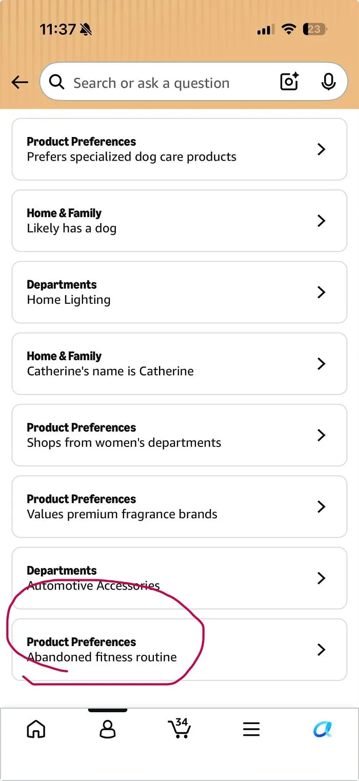 Amazon shopper product preferences show abandoned fitness routine highlighted
