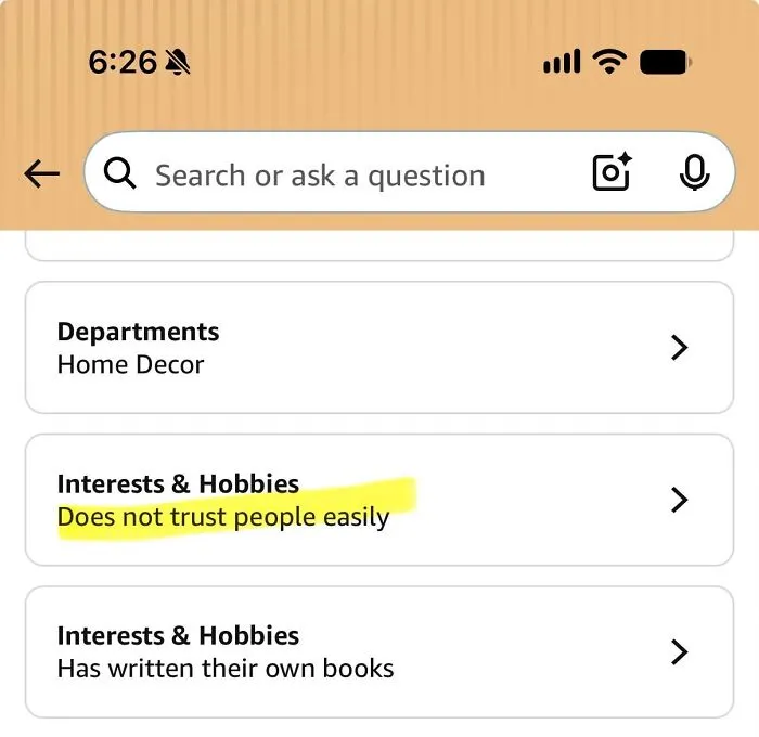 Amazon shoppers interest does not trust people easily highlighted