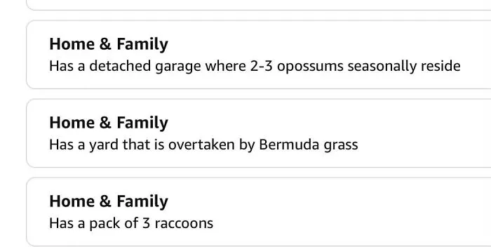 Amazon shopper home with opossums, Bermuda grass, and raccoons
