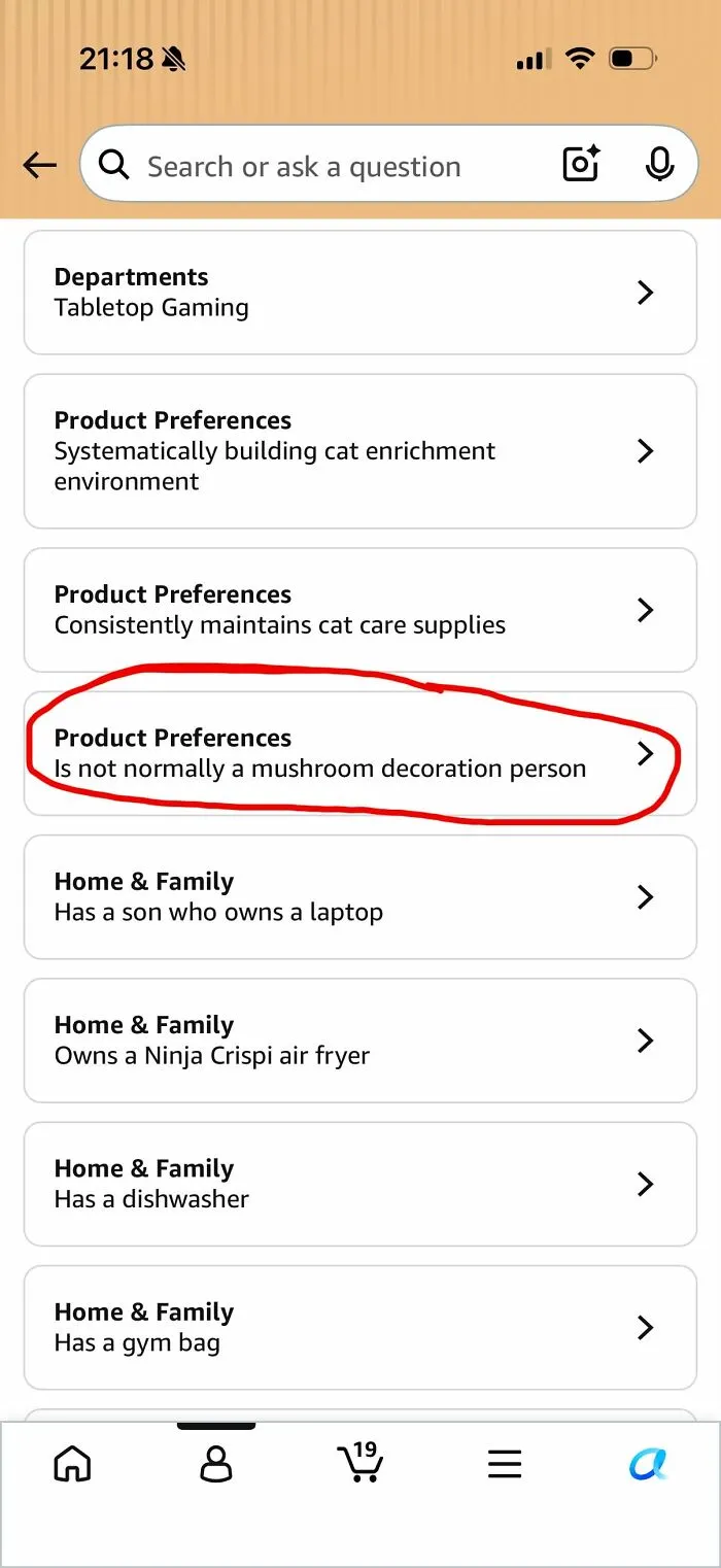 Amazon shopper product preferences showing no mushroom decoration person observation