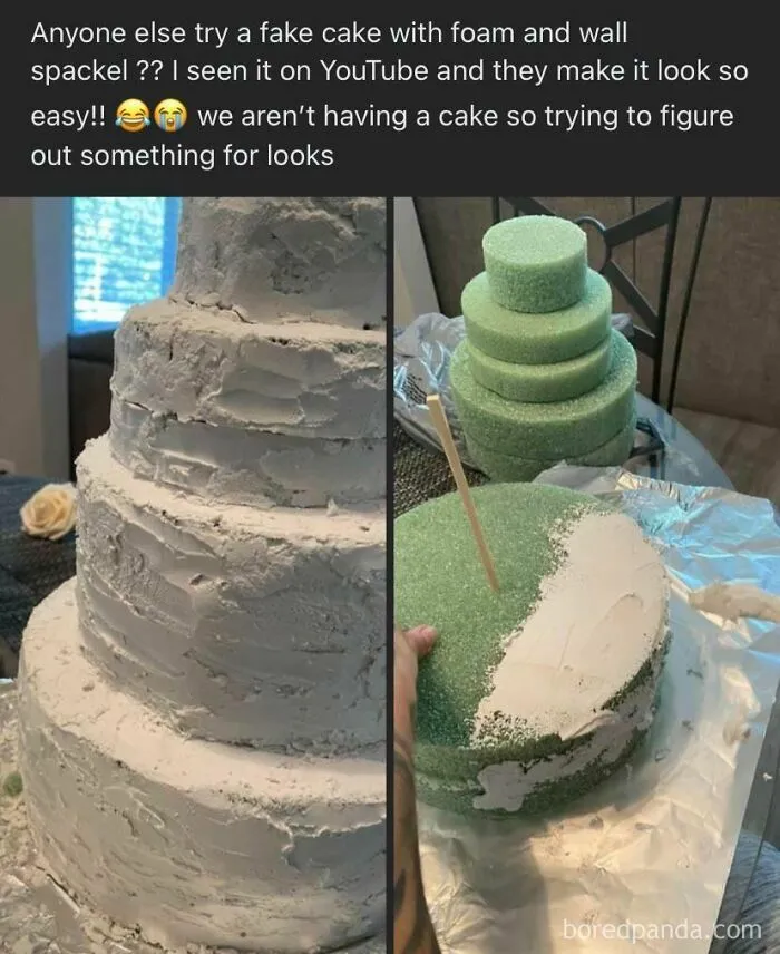 A failed DIY fake wedding cake made of green foam and spackle, illustrating questionable wedding moments