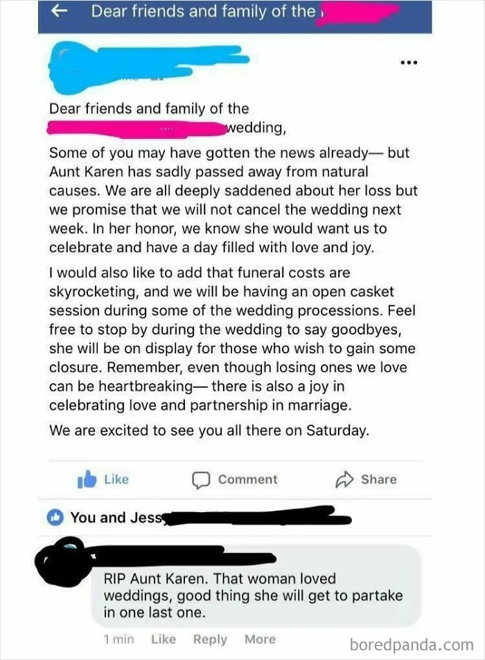 A Facebook post announcing a questionable wedding with an open casket for a recently deceased aunt.