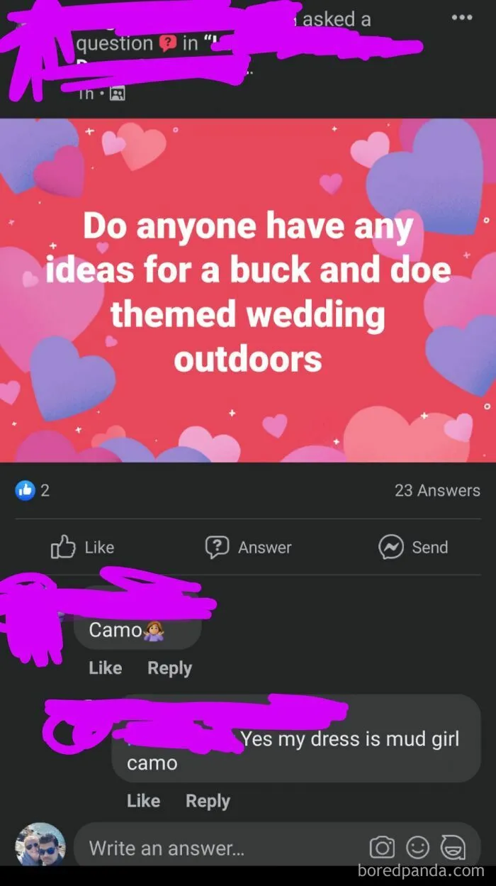 A social media post about a buck and doe themed wedding outdoors, showcasing funny wedding moments