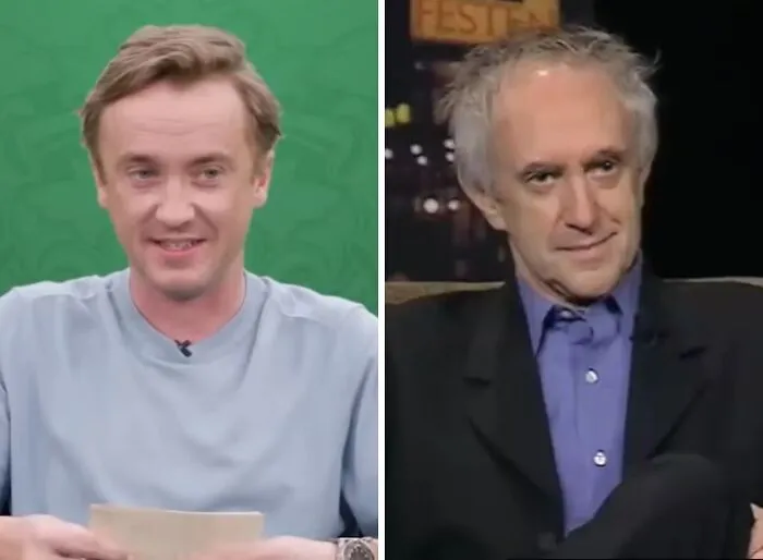 Tom Felton and Jonathan Pryce side-by-side comparison showcasing celebrity lookalikes