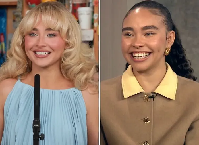 Sabrina Carpenter and Bailey Bass smiling in a side-by-side celebrity lookalikes comparison