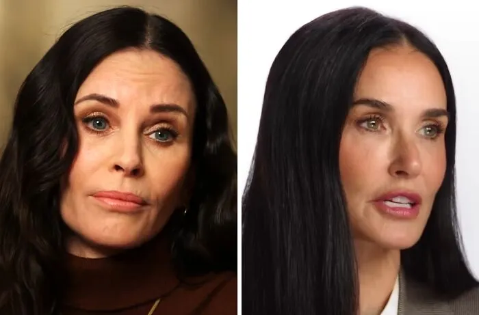 Celebrity lookalikes Courteney Cox and Demi Moore posing in a side-by-side comparison