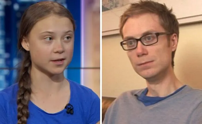 Celebrity lookalikes Greta Thunberg and Stephen Merchant in a side-by-side comparison