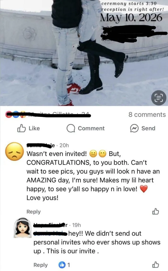 Social media post showing questionable wedding moments where the couple did not send out personal invites