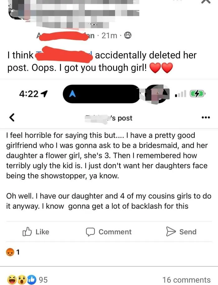 A questionable wedding moments social media post about excluding a flower girl based on her looks